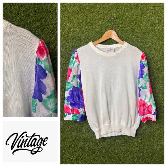 Vintage Work Habits Floral Print Puff Sleeve‎ Sweater Pullover Crewneck Size L - Picture 1 of 8